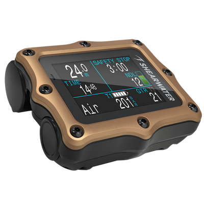 Shearwater Perdix 2 Ti Bronze Journeys Edition, angled view showing the bezel and strap lugs