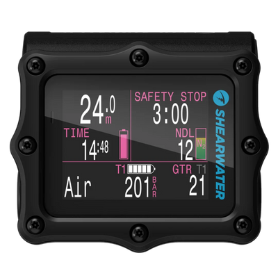 Shearwater Perdix 2 Ti black, front view with the display in a magenta colour theme showing tank pressure