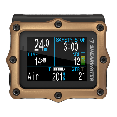 Shearwater Perdix 2 Ti Bronze Journeys Edition, front view showing a safety stop with tank pressure