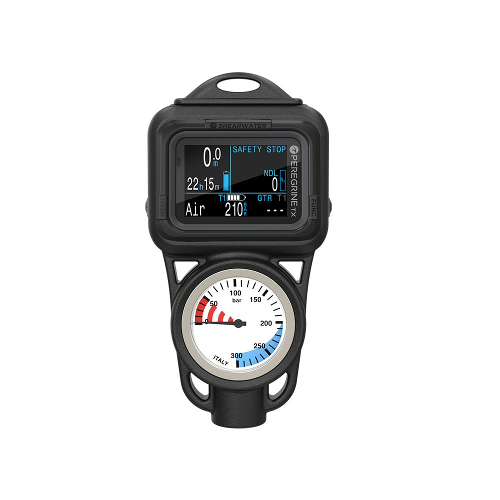 Shearwater Peregrine TX Console, front view with the air-integrated computer above a bar-calibrated pressure gauge