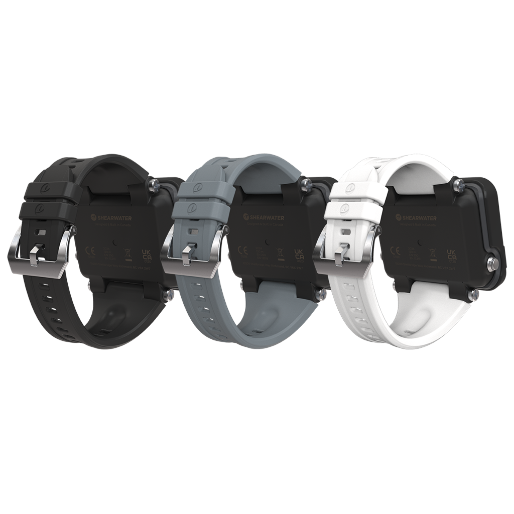 Shearwater Peregrine strap kits in black, grey and white fitted to computers
