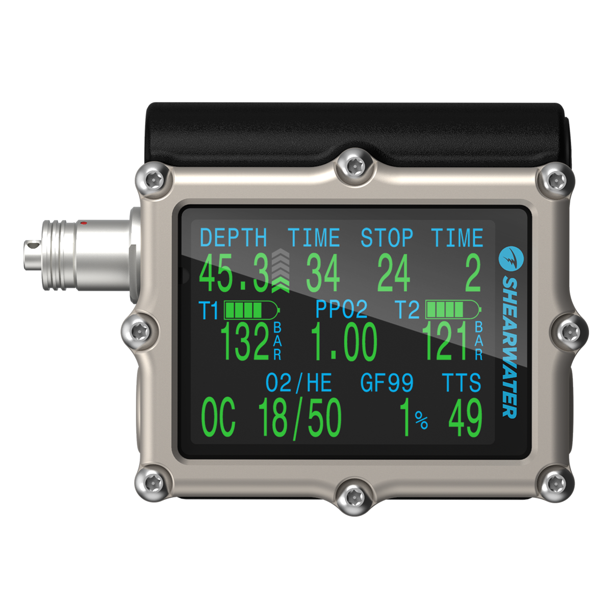 Shearwater Petrel 3 Fischer dive computer, front view of the 2.6 inch AMOLED display