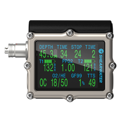 Shearwater Petrel 3 Fischer dive computer, front view of the 2.6 inch AMOLED display