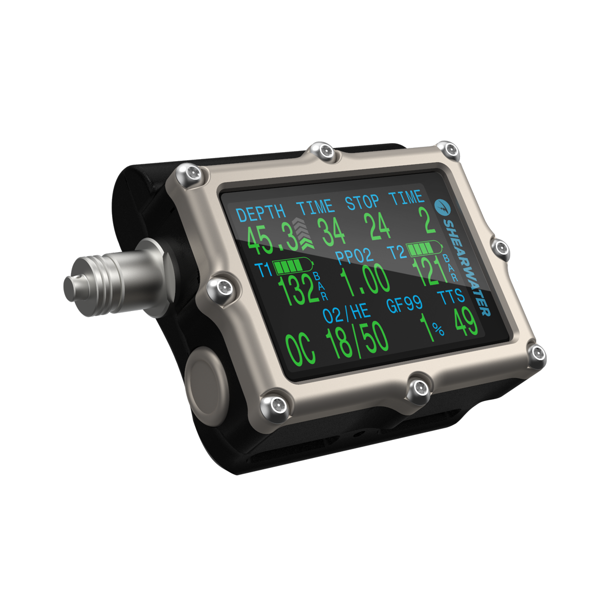Shearwater Petrel 3 Fischer dive computer upright, showing case depth and buttons