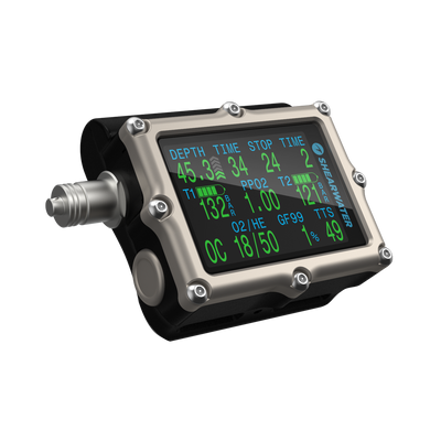 Shearwater Petrel 3 Fischer dive computer upright, showing case depth and buttons