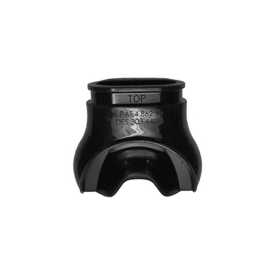 Aqua Lung Comfo mouthpiece in black silicone, front view showing the moulded TOP marking above the bite tabs