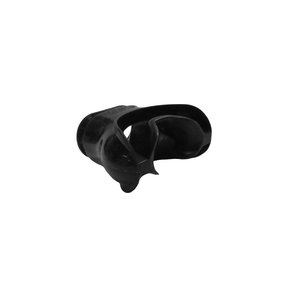 Aqua Lung Comfo mouthpiece in black silicone, three-quarter view showing the barrel opening and the lip flange