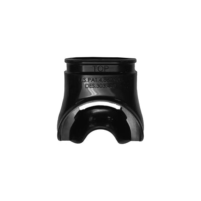 Aqua Lung divisible Comfo mouthpiece in black silicone, front view showing the moulded TOP marking above the bite tabs