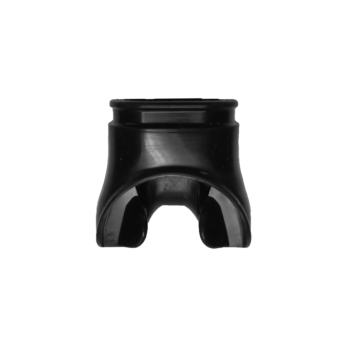 Aqua Lung divisible Comfo mouthpiece in black silicone, side view showing the tapered barrel and the lip flange