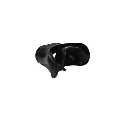 Aqua Lung divisible Comfo mouthpiece in black silicone, three-quarter view showing the barrel opening and flange