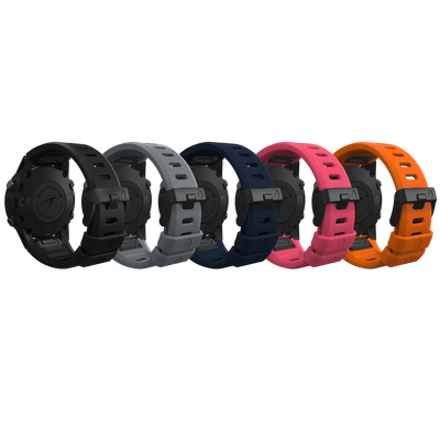 Shearwater Remora band strap kits laid out in black, navy, grey, pink and orange