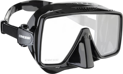 Angled view of the black SF1 frameless mask with its single tempered lens