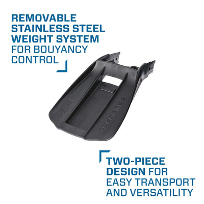 SCUBAPRO S-Tek Blade MFS infographic showing the removable stainless weight system and two-piece design