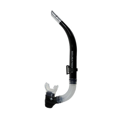 Scubatech SK 02 snorkel in black with purge valve and flexible clear lower section