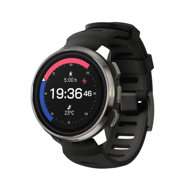 Suunto Ocean with a steel bezel on a black strap, showing the analogue watch face