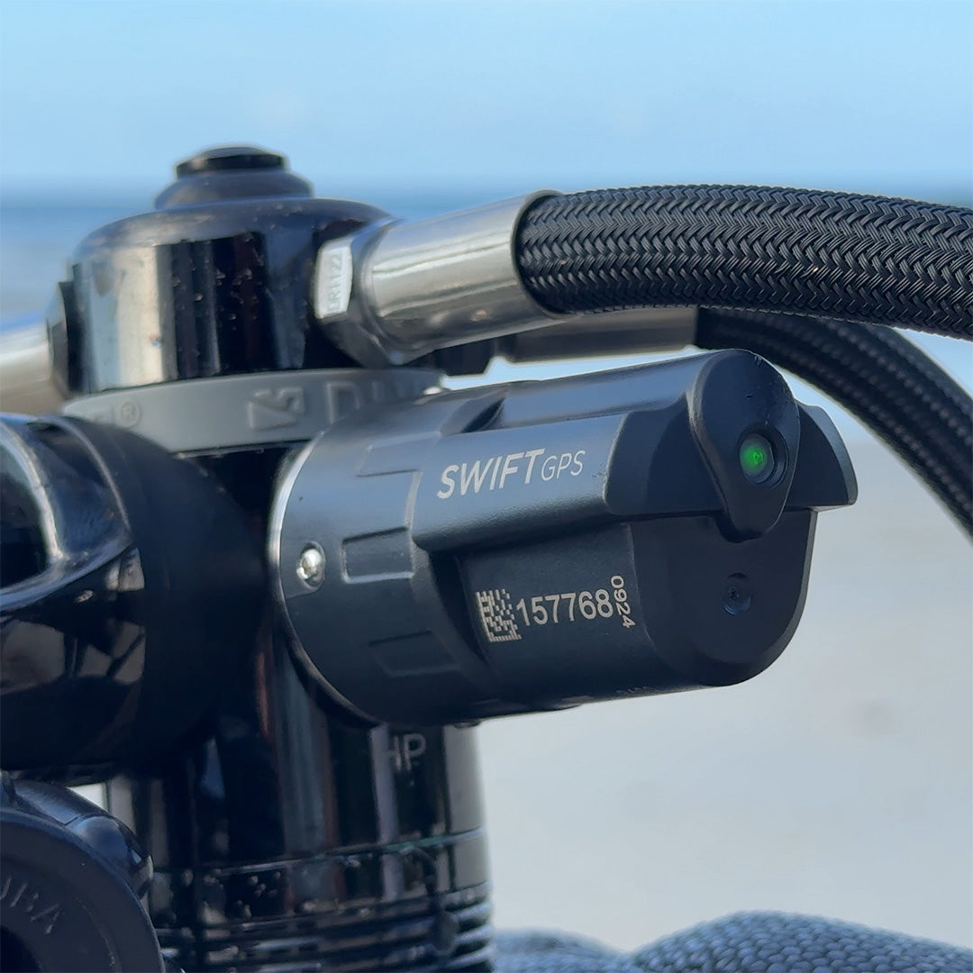 Shearwater Swift GPS transmitter fitted to a first stage, showing the body markings