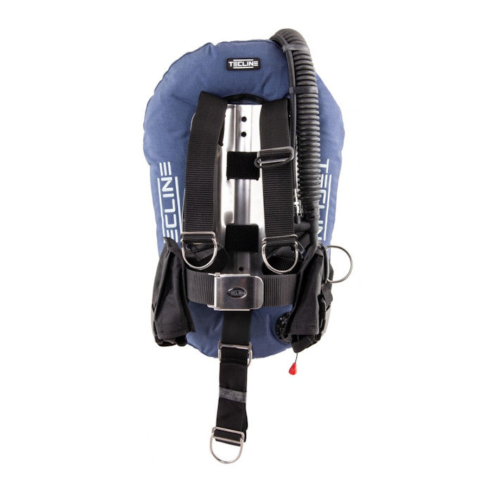 Tecline Donut 10 Junior DIR set in blue, harness side with the MIDI backplate