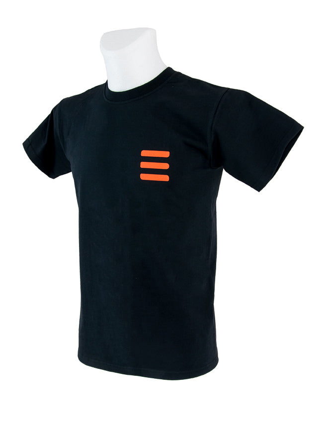 Tecline white Fruit of the Loom T-shirt on a mannequin, orange three-bar mark on the chest