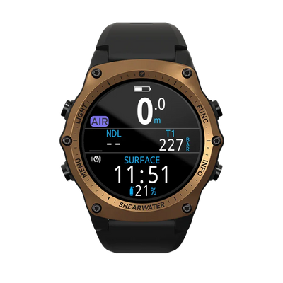 Shearwater Teric Bronze Journeys Edition, front view of the bronze bezel with the display in surface mode