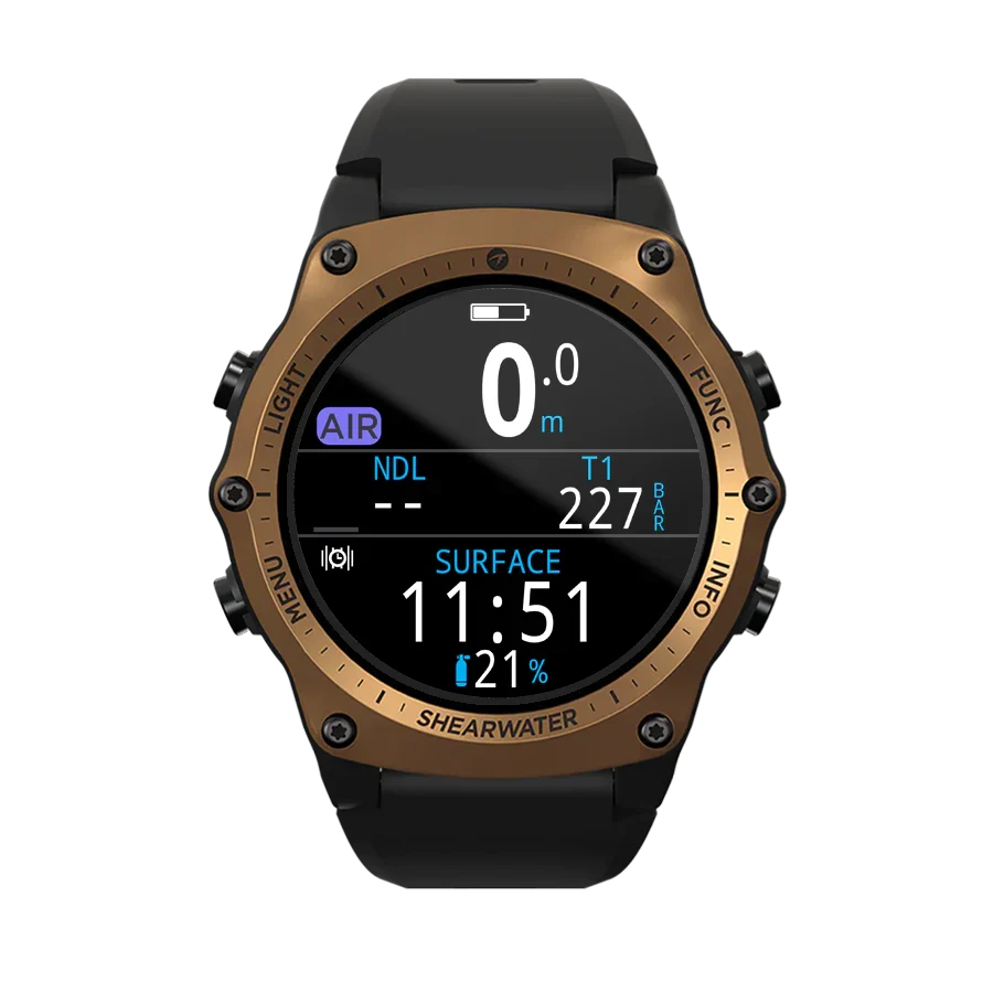Shearwater Teric Bronze Journeys Edition, front view of the bronze bezel with the display in surface mode