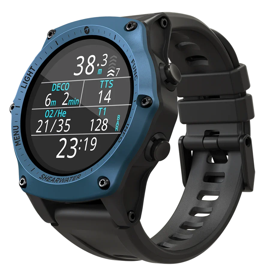 Shearwater Teric with blue bezel, angled view showing a trimix decompression dive