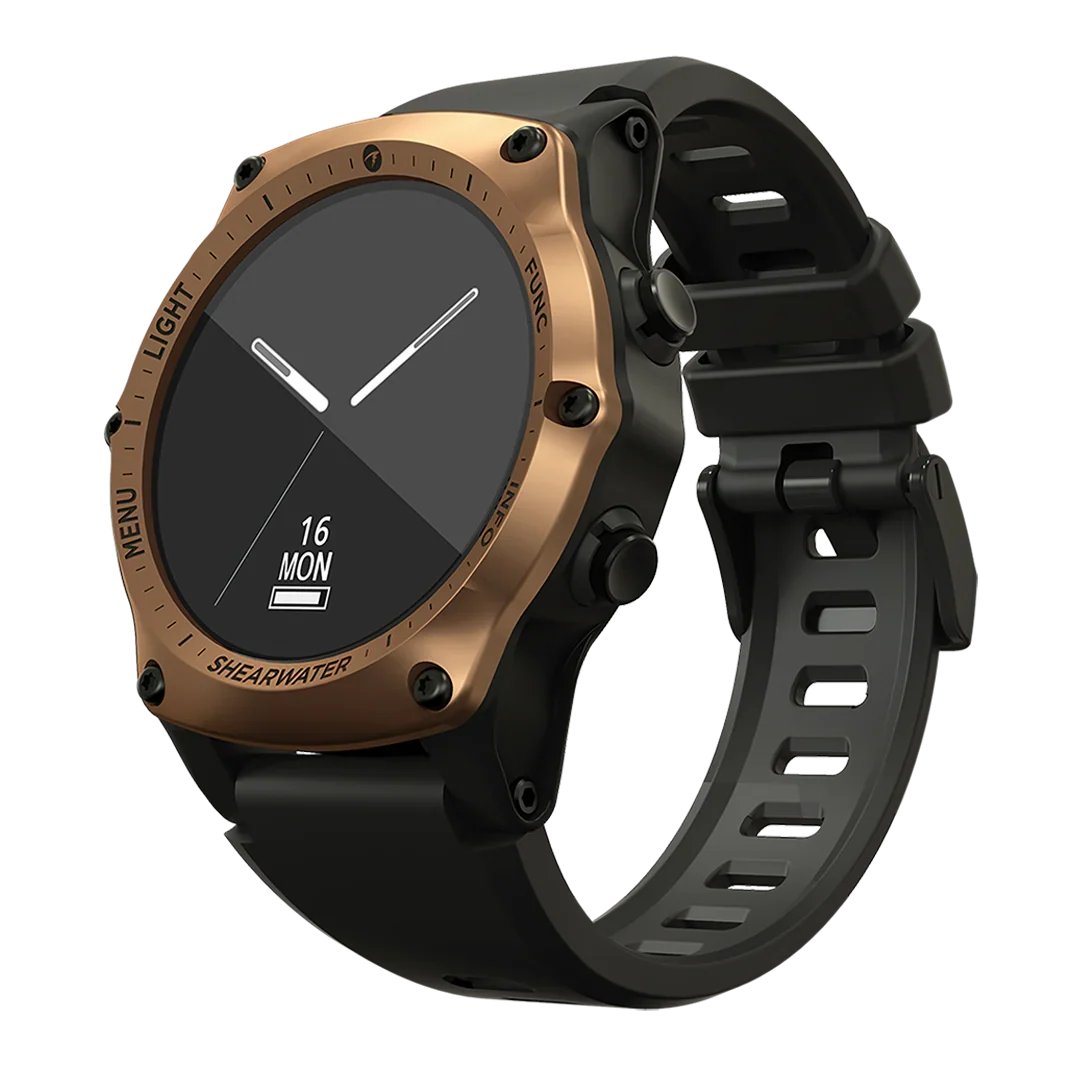 Shearwater Teric Bronze Journeys Edition, angled view showing the bronze bezel and the analogue watch face