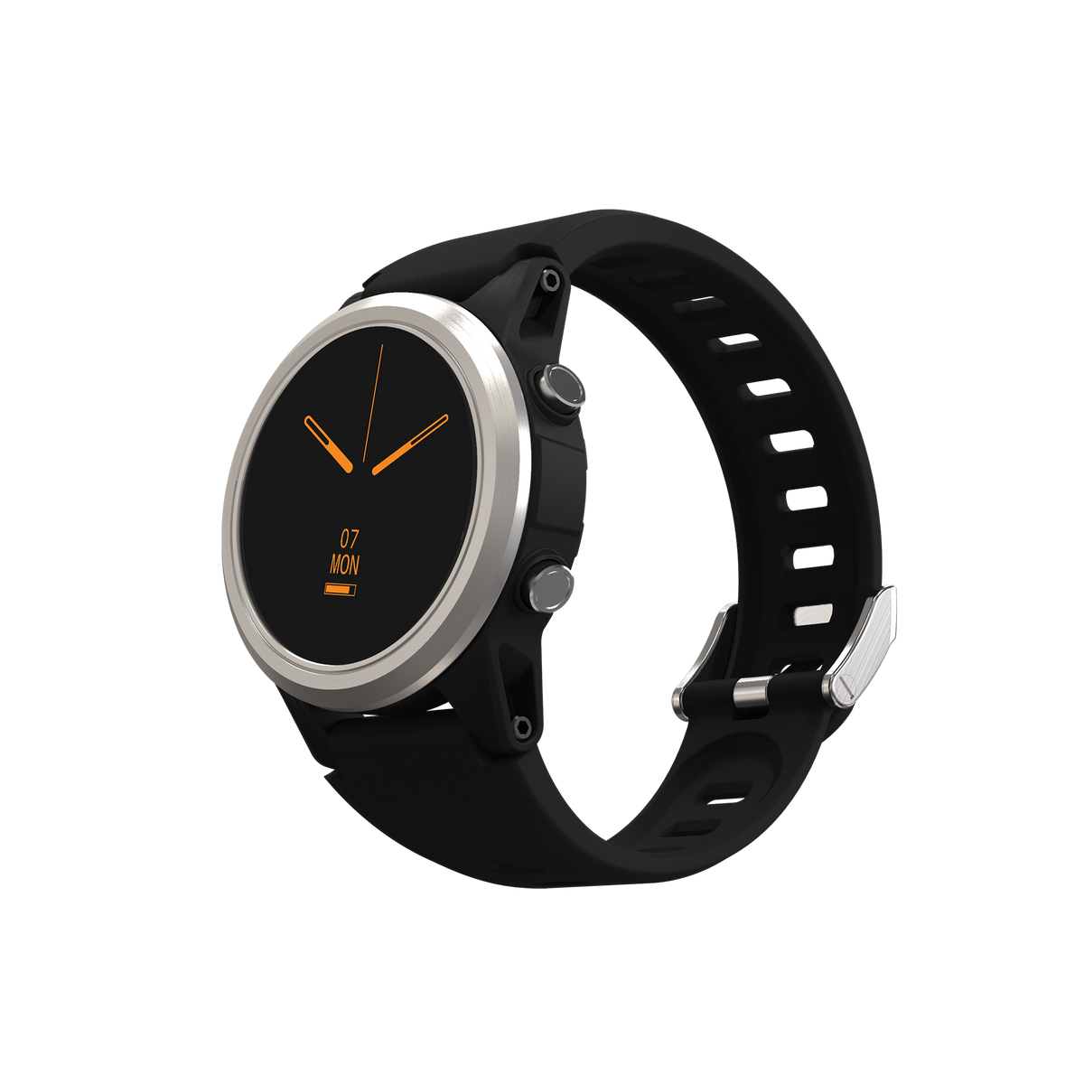 Shearwater Tern dive computer with steel bezel and black strap, front view of the dive screen