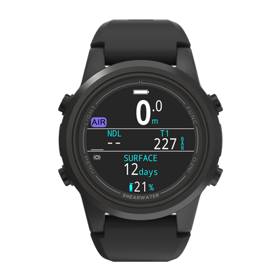 Shearwater Tern TX in black, front view showing the surface screen and battery days remaining