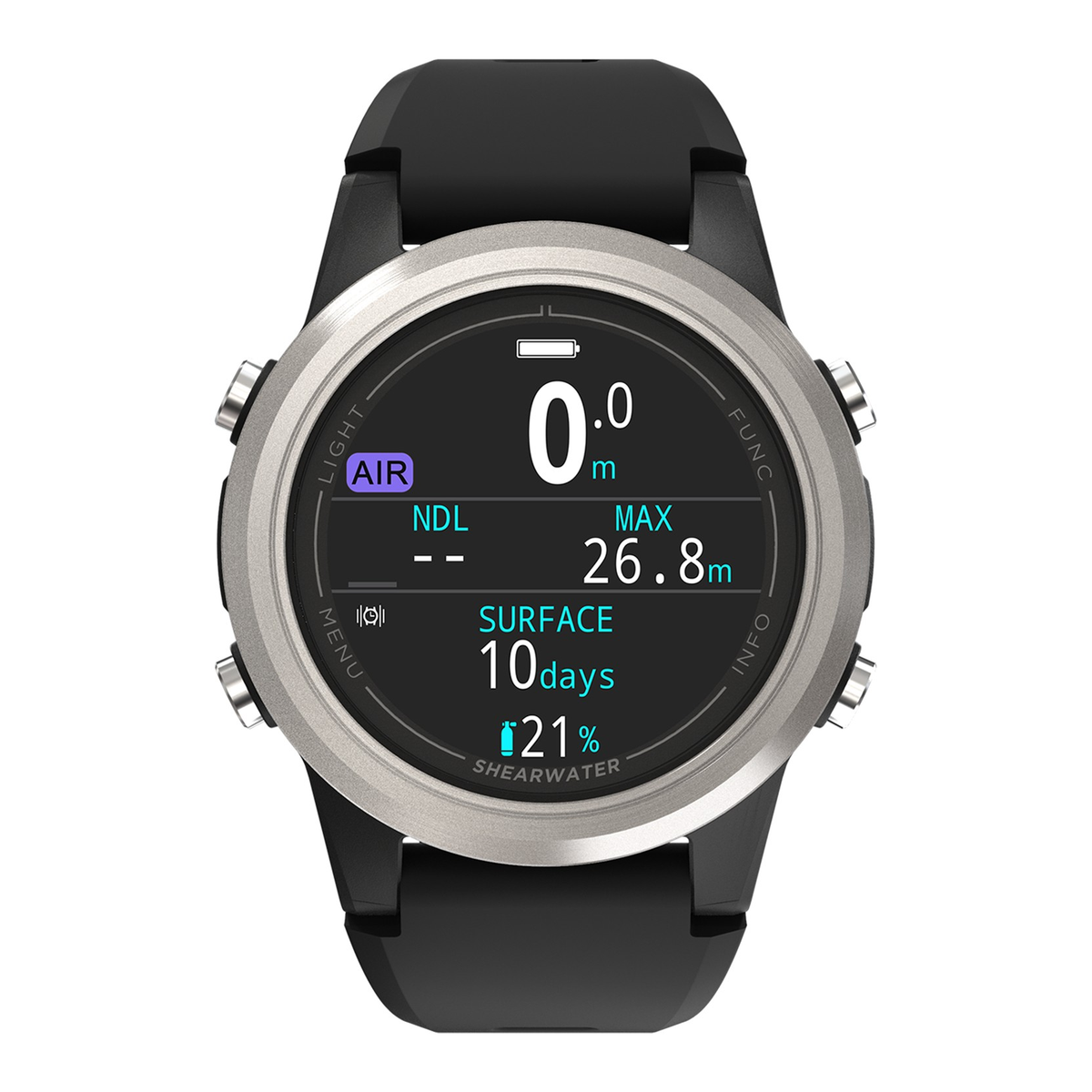 Shearwater Tern dive computer with steel bezel and black strap, front view of the dive screen