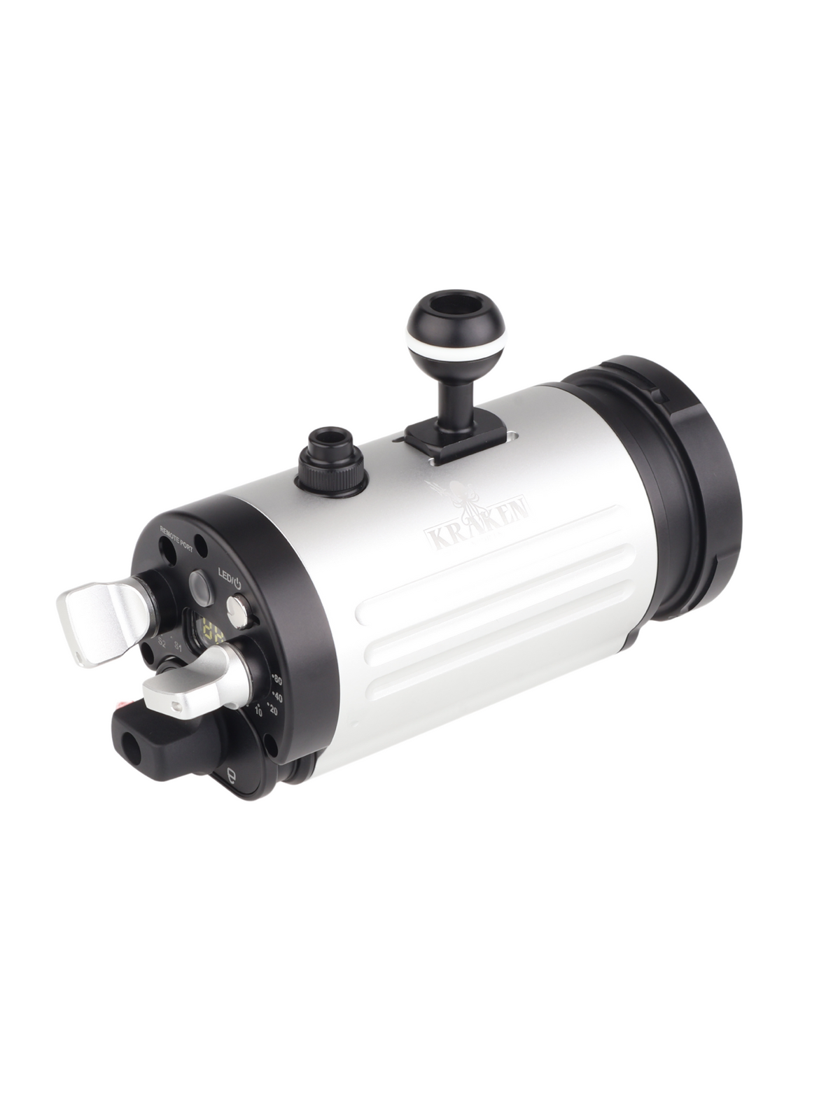 Kraken KR-S80 underwater strobe with round flash tube and ball mount, front three-quarter view