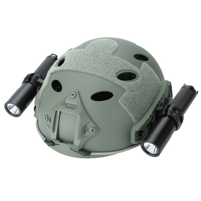 BigBlue helmet light mounts carrying a torch on each side rail