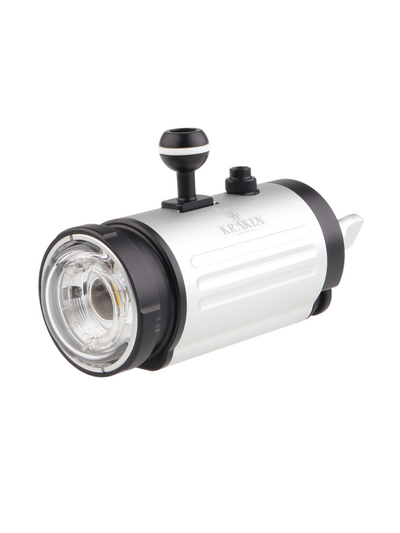 Kraken KR-S80 underwater strobe with round flash tube and ball mount, front three-quarter view