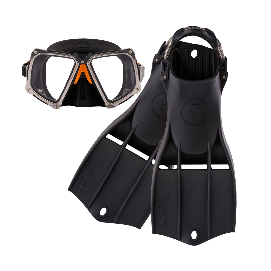 Apeks VX2 mask and RK3 HD fins in black, the two pieces of the dive set