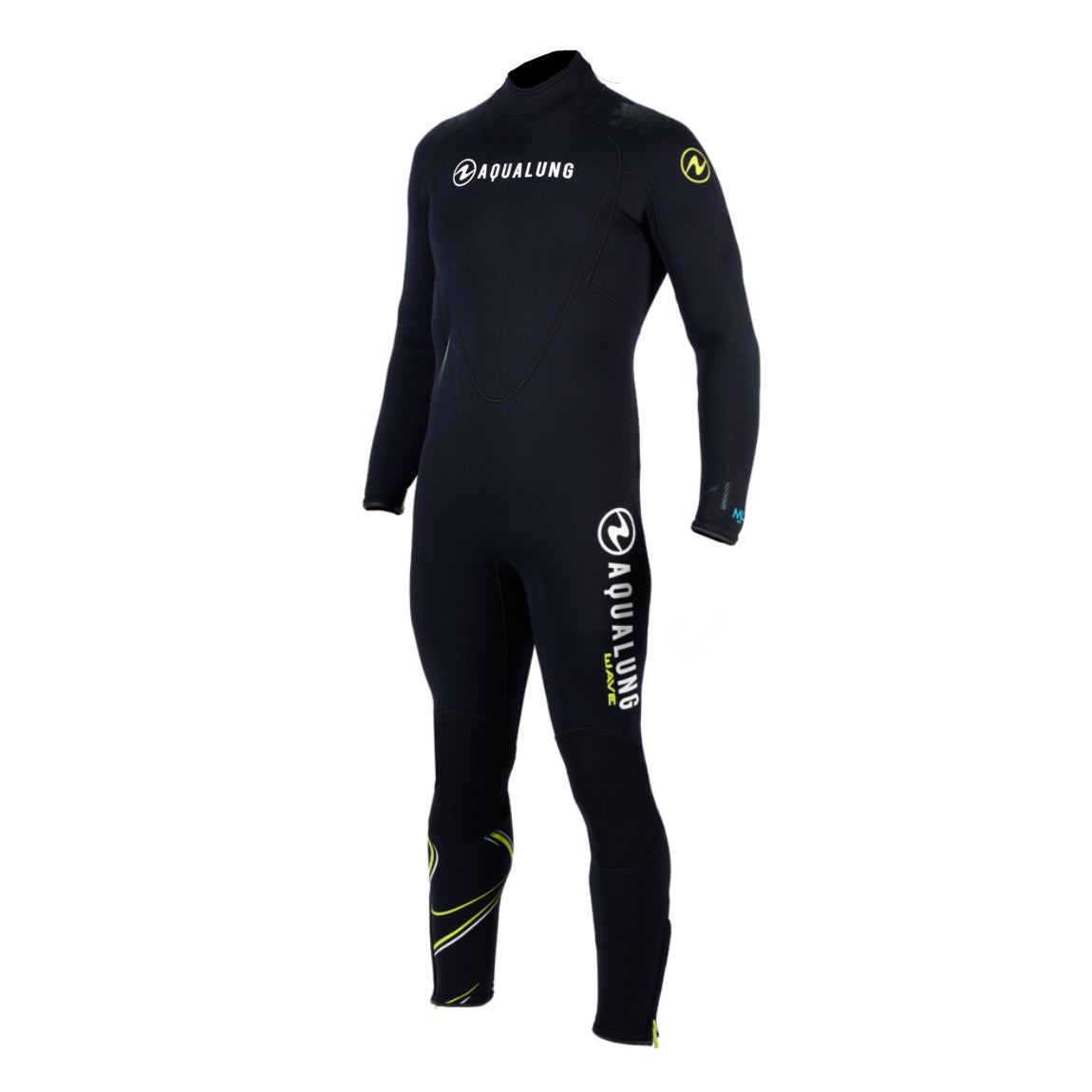Aqua Lung Wave men's dive wetsuit in black with lime detailing, front three-quarter view showing the chest panel and leg branding