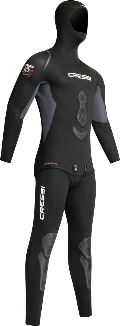 Hooded black Apnea freediving suit shown on a mannequin from the front