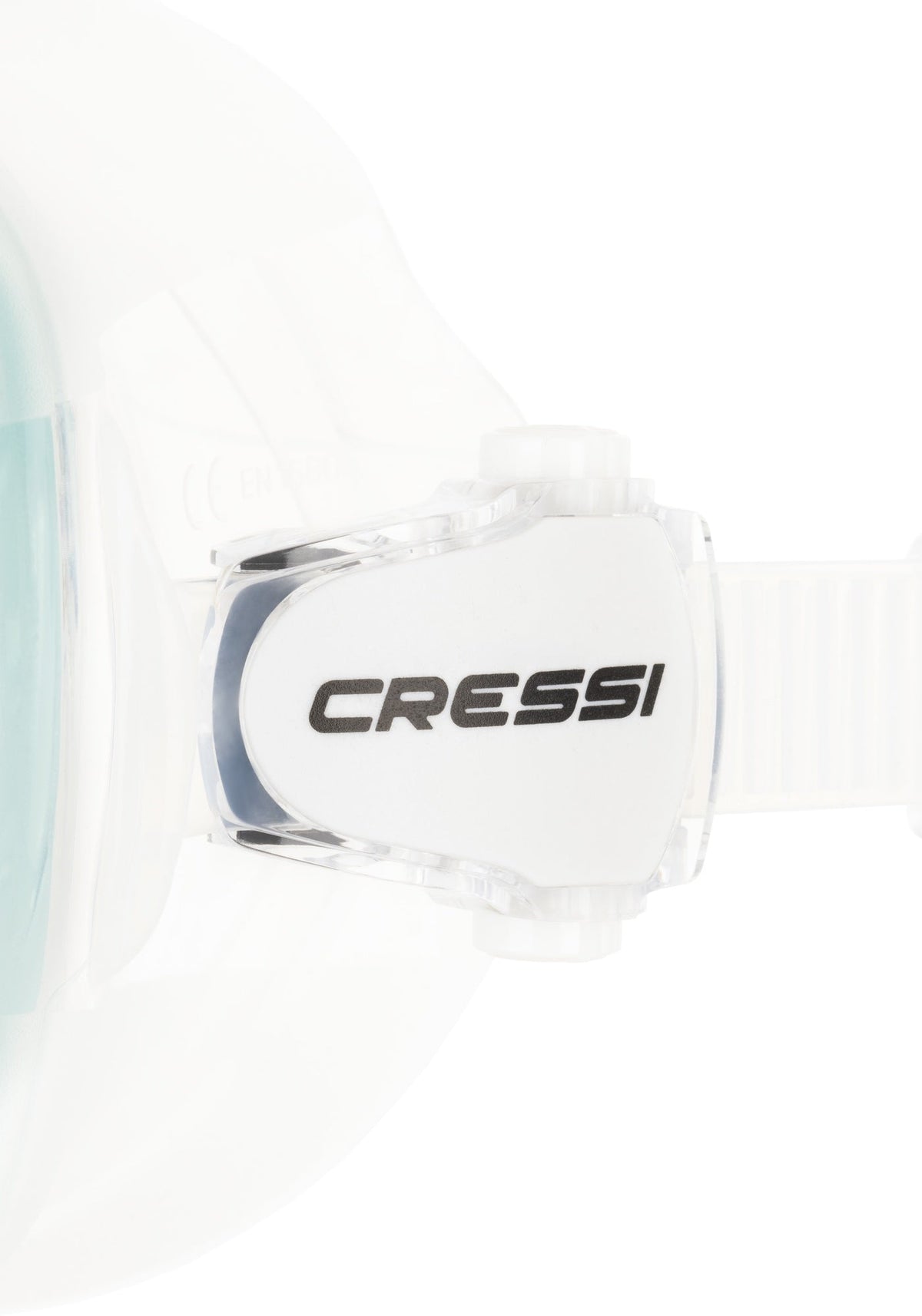Side detail of the Cressi Z2S clear mask buckle and branded strap pad