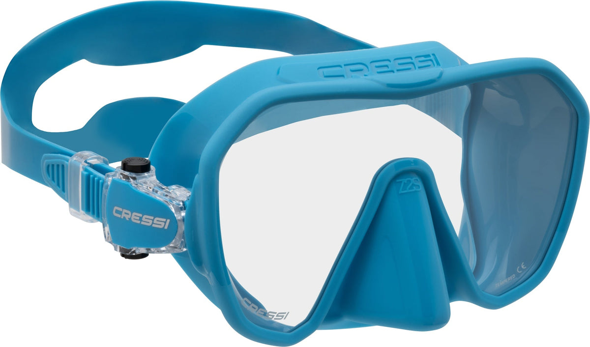 Cressi Z2S small frameless dive mask in turquoise, angled front view