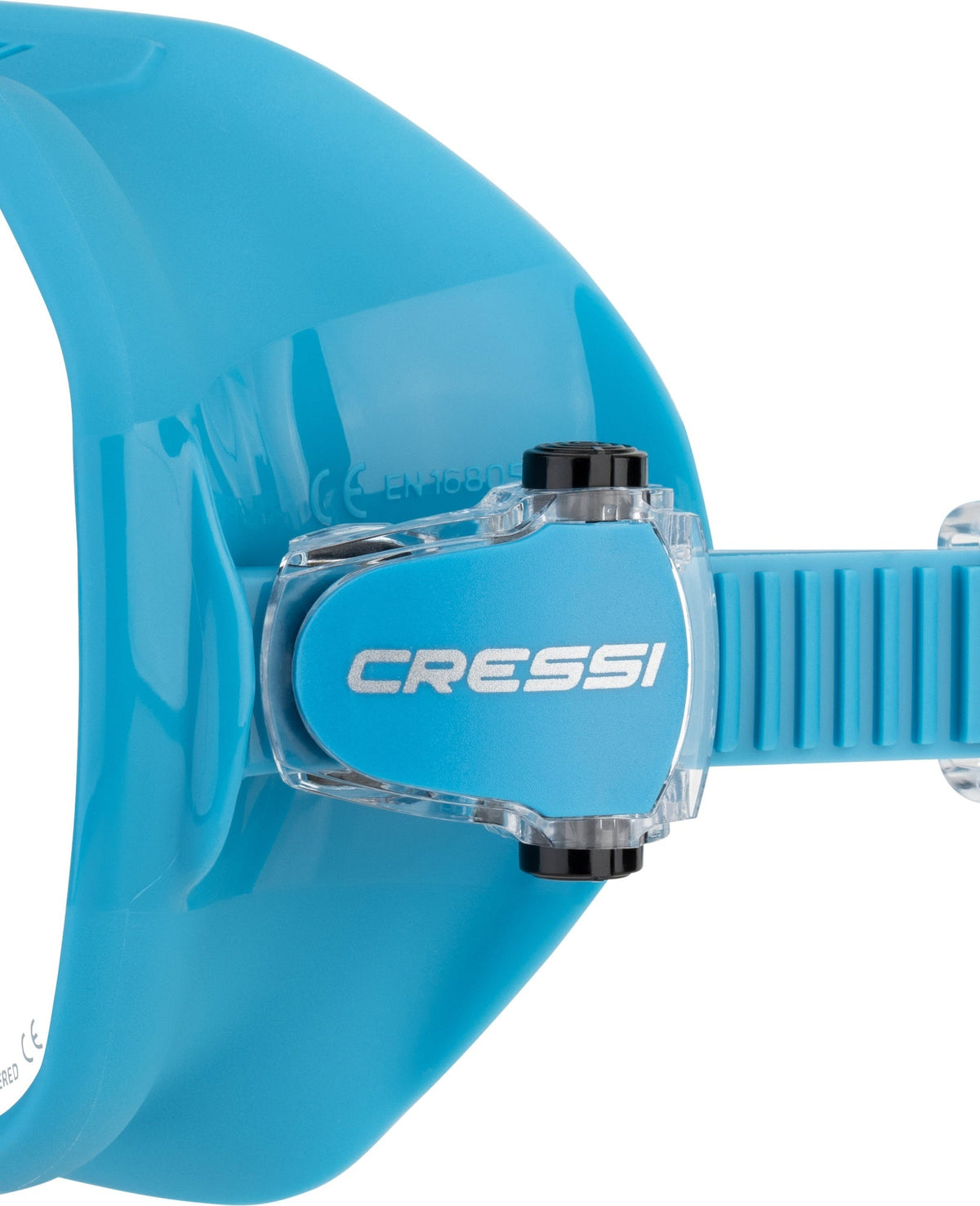 Side detail of the Cressi Z2S turquoise mask buckle and branded strap pad