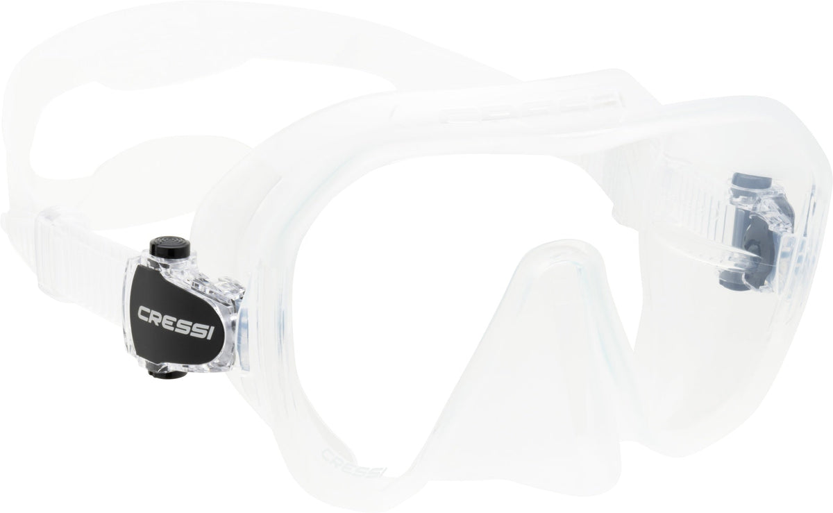 Cressi Z2 frameless dive mask in clear silicone, angled front view