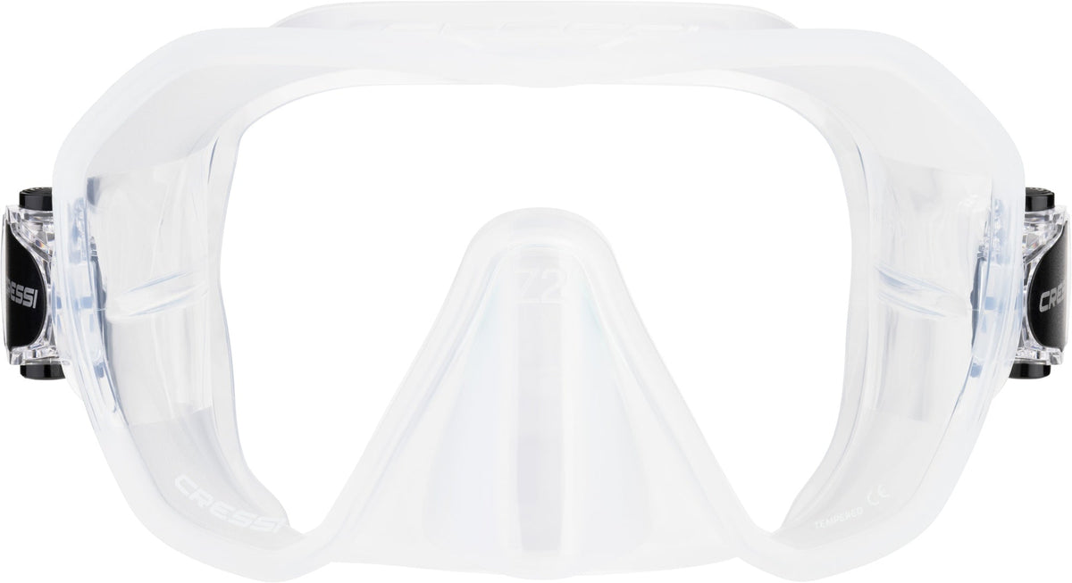 Cressi Z2 clear dive mask seen straight on, showing the single tempered glass lens