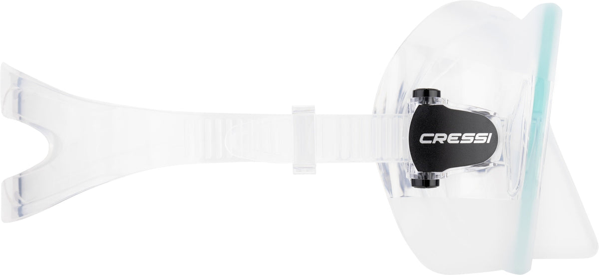 Rear view of the Cressi Z2 clear mask showing the silicone skirt and split strap