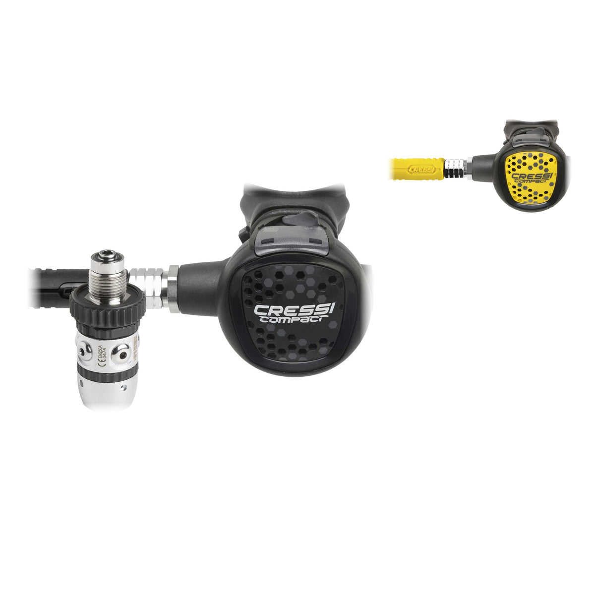 Cressi AC2 DIN regulator with black Compact second stage and yellow Compact octopus