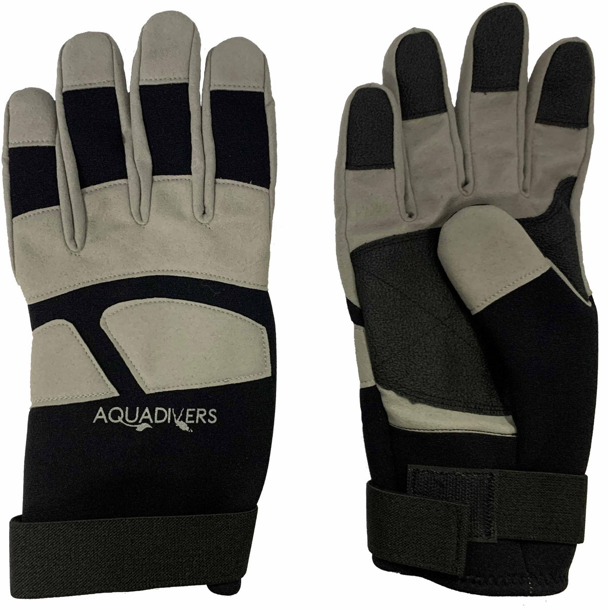 ADI Amara 2mm dive gloves, back, palm and side views, black neoprene with grey Amara panels