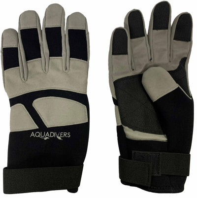 ADI Amara 2mm dive gloves, back, palm and side views, black neoprene with grey Amara panels
