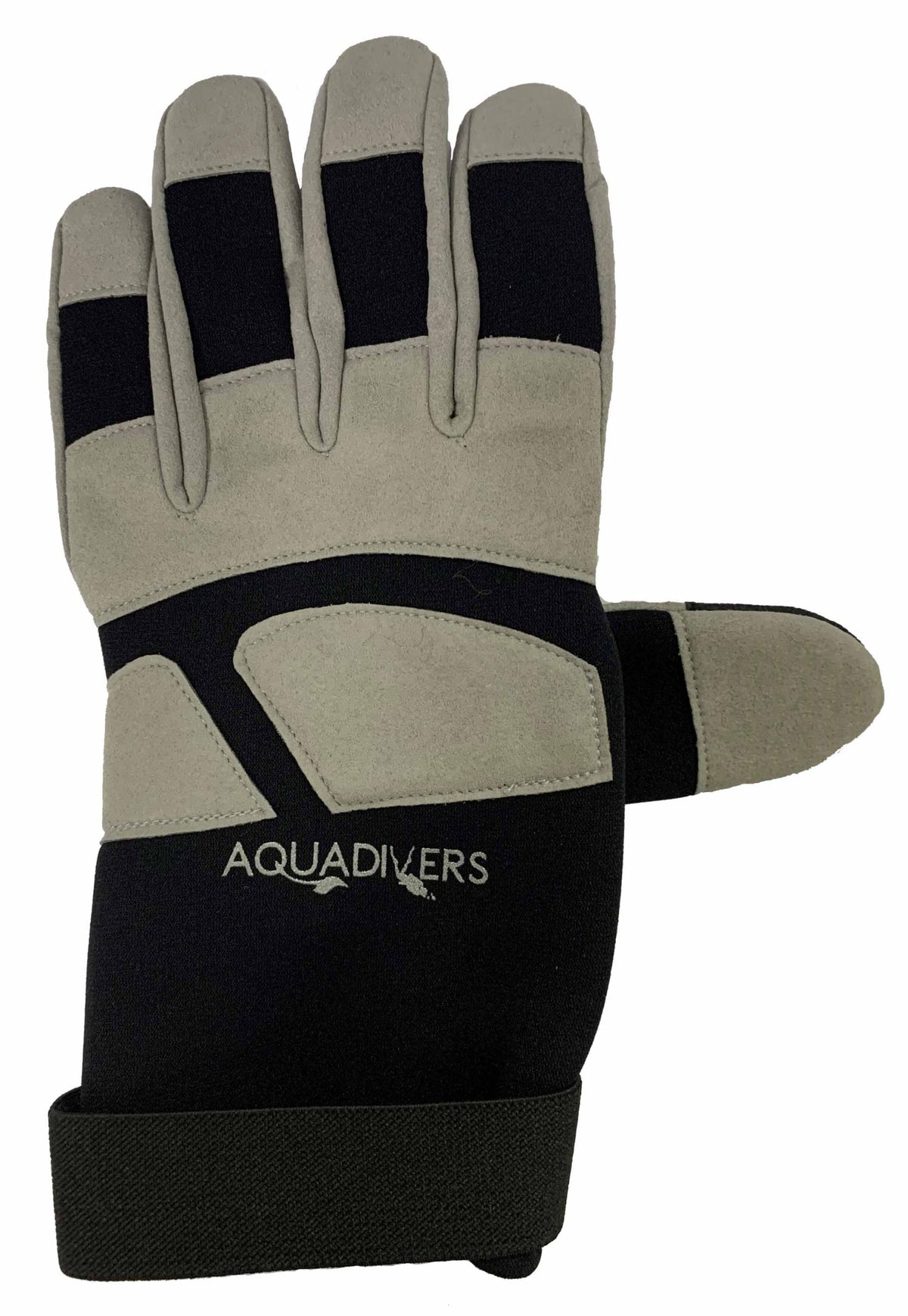 ADI Amara 2mm dive gloves, back, palm and side views, black neoprene with grey Amara panels