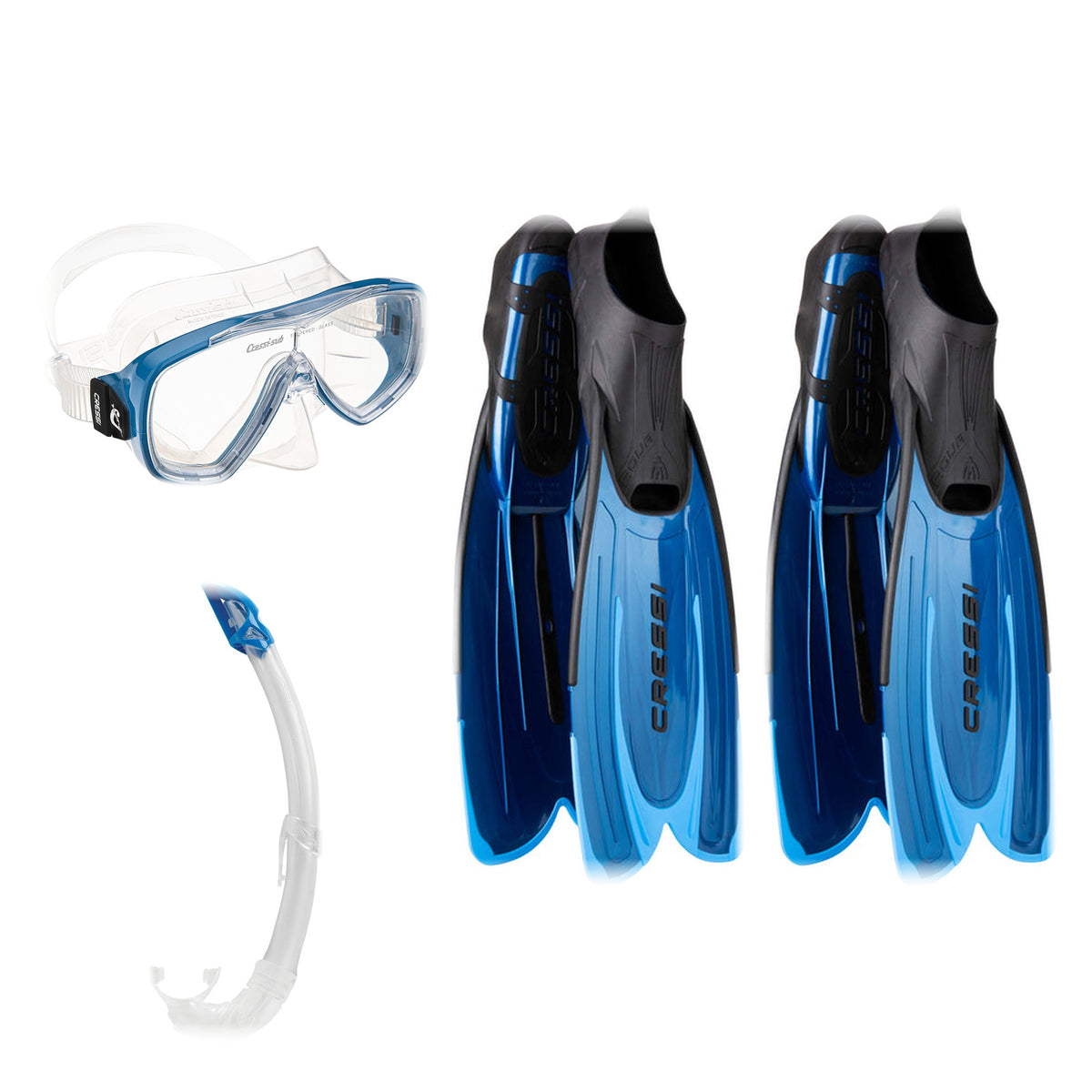 Cressi Agua snorkelling set: mask and snorkel in clear with blue, and Agua fins in blue
