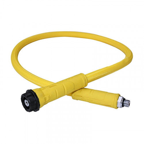 Apeks yellow low pressure octopus hose for the Flight regulator, looped, showing both fittings