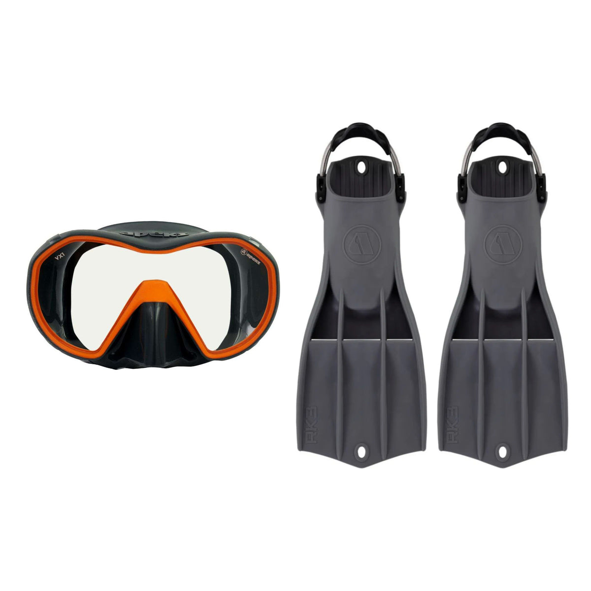 Apeks VX1 mask in dark grey with orange frame with a clear lens, and RK3 HD fins in dark grey