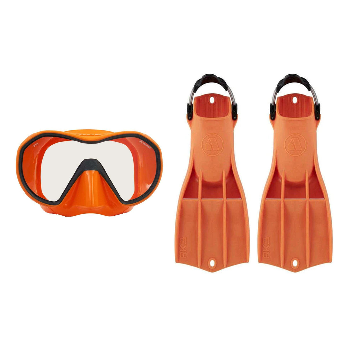 Apeks VX1 mask in orange with dark grey frame with a clear lens, and RK3 HD fins in orange