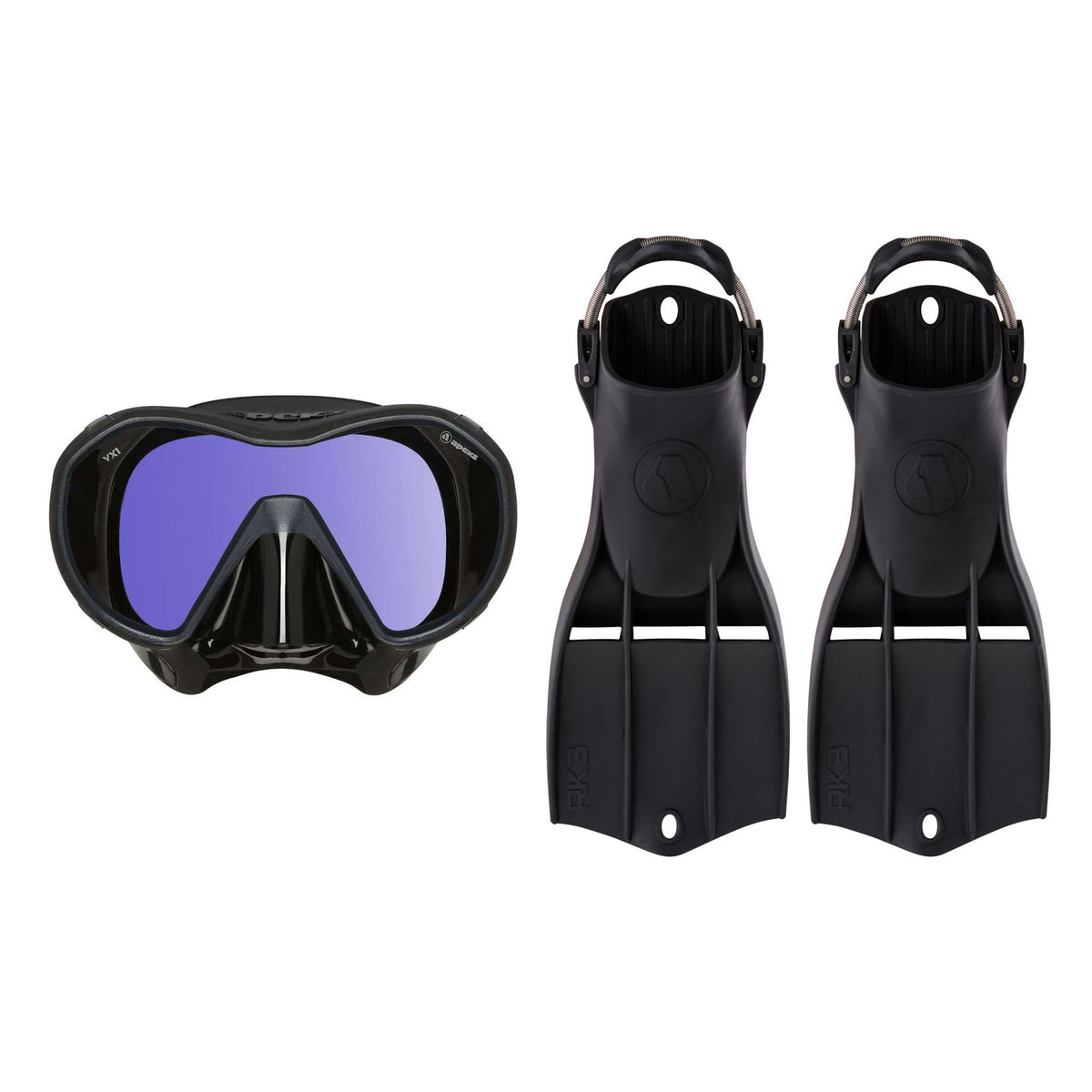 Apeks VX1 mask in black with a mirrored UV lens, and RK3 fins in black